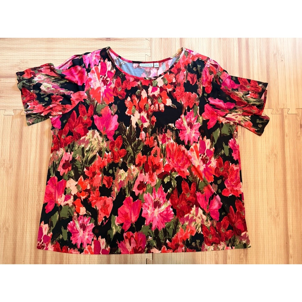 Susan Graver  2X Floral Bell Sleeve Top Dark Floral Blouse Office Romantic EUC